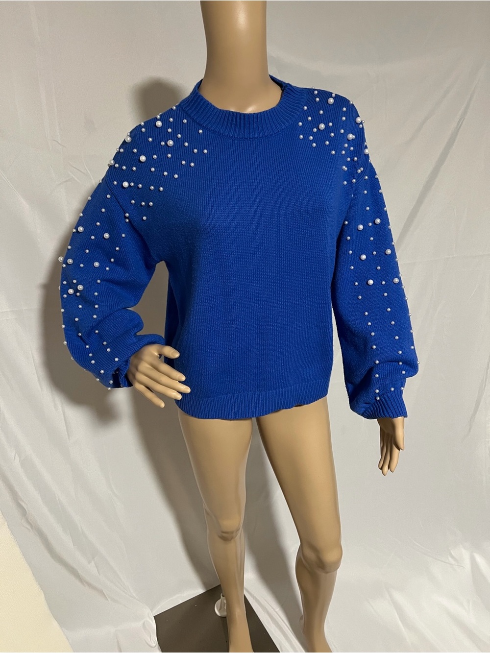 Pearl-Embellished Royal Blue Crewneck Sweater